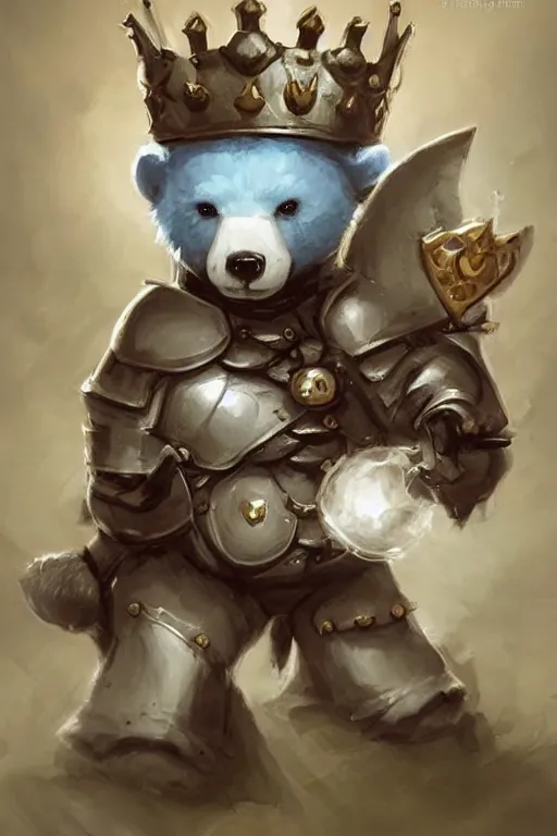 Image similar to cute little anthropomorphic bear knight wearing a cape and a crown, tiny, small, miniature bear, baby animal, short, pale blue armor, cute and adorable, pretty, beautiful, DnD character art portrait, matte fantasy painting, DeviantArt Artstation, by Jason Felix by Steve Argyle by Tyler Jacobson by Peter Mohrbacher, cinematic lighting