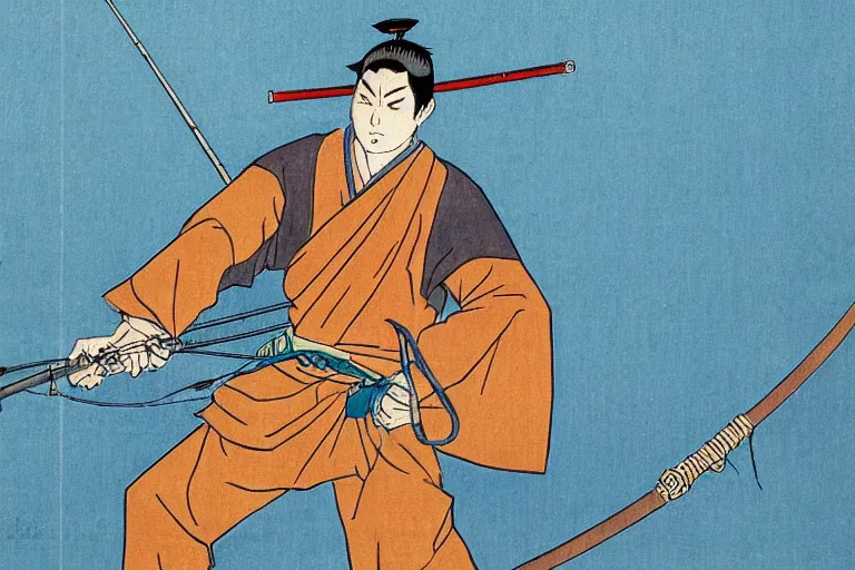 Image similar to a ronin samurai holding a fishing rod, a blue crescent lake by satoshi kon by justing gerard