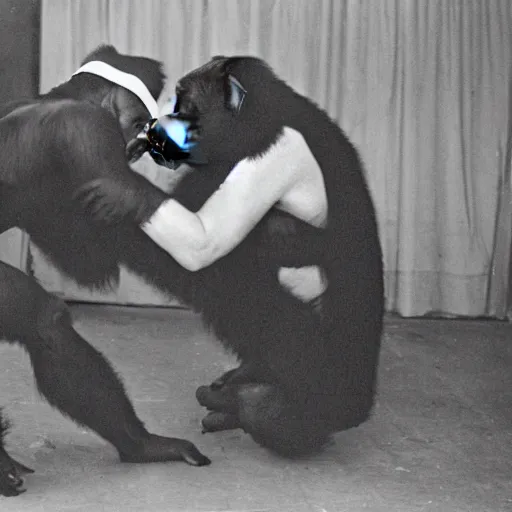 Prompt: a black and white photo of a silverback gorilla beating up a woman dressed as a nun