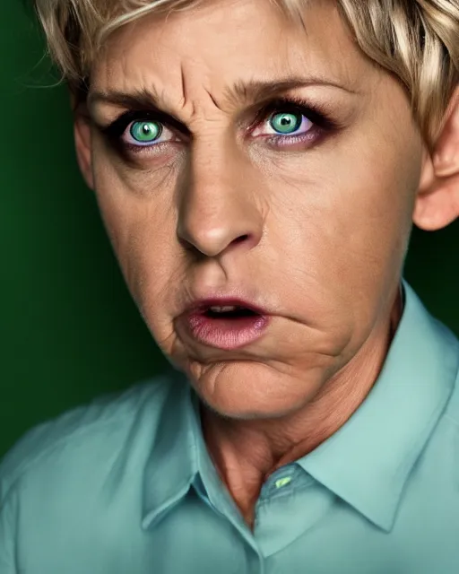 Image similar to headshot of demonic looking angry ellen degeneres with glowing green eyes like medusa, studio lighting, 8 k, photo shoot, 9 inch kershaw soft focus lens f / 5. 6