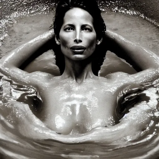 Image similar to Herb Ritts sepia-toned high-contrast photo of Christy Turlington emerging from a milk bath, vignette, grainy film, shallow depth of field