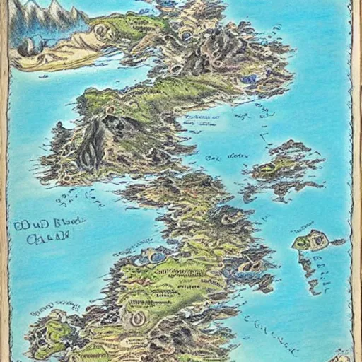 Prompt: A map of a large island, coloured pencils and ink, beautiful, highly detailed, in the style of Middle Earth Lord of the Rings