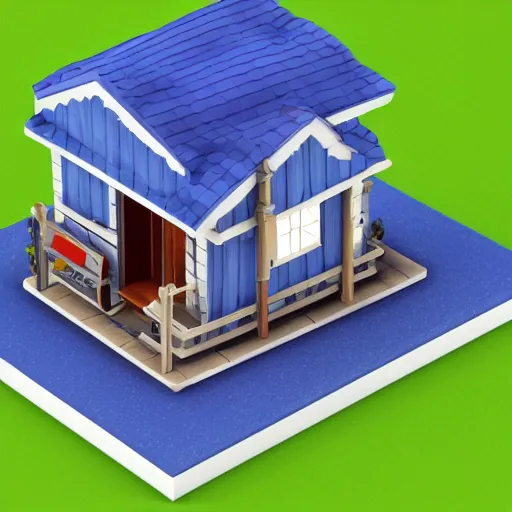 Image similar to small cute mobile game house, 1 0 0 mm, 3 d render, isometric, diorama, blue background,