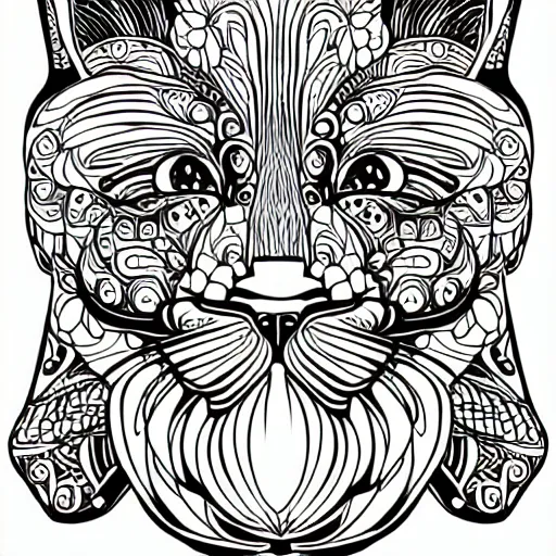 Prompt: A flower with a cat inside, sticker, highly detailed, colorful, illustration, smooth and clean vector curves, no jagged lines, vector art, smooth, black and white colouring book