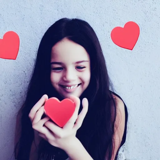 Prompt: “portrait of a young girl taking a selfie with heart emojis floating around”