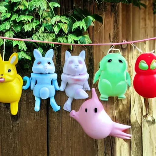 Image similar to some cute plastic toys that look like animal characters hanging laundry in the backyard, pastel colors