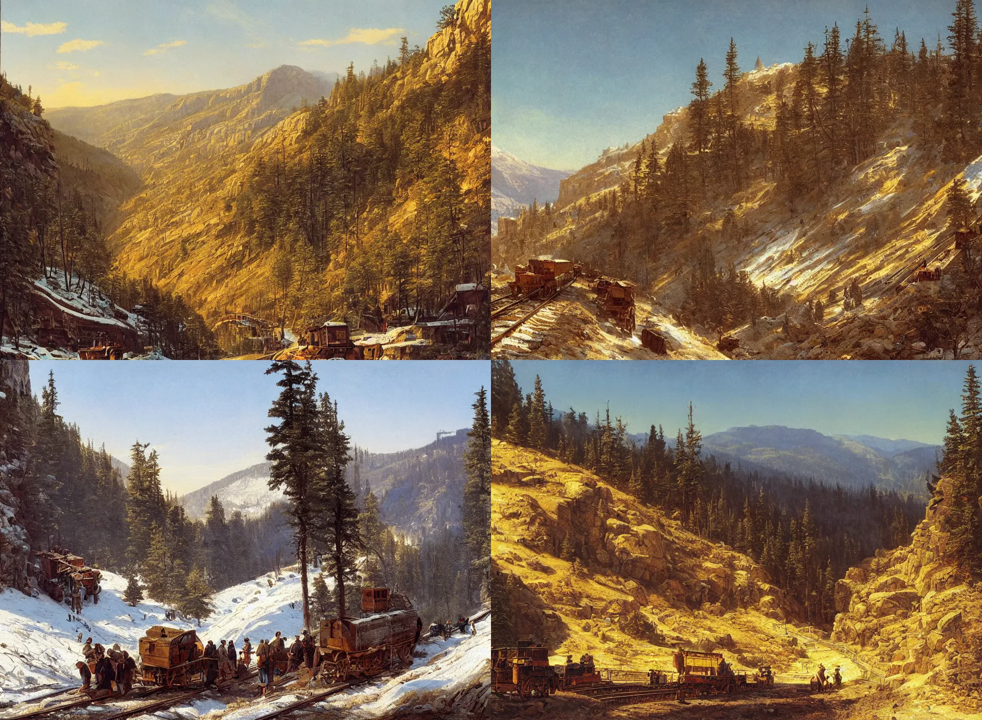 Prompt: miners sitting in a mountain pass, a mine cart sits on tracks behind them, steep cliffs, dusting of snow, pine forest, rail tracks, mine cart golden hour albert bierdstadt