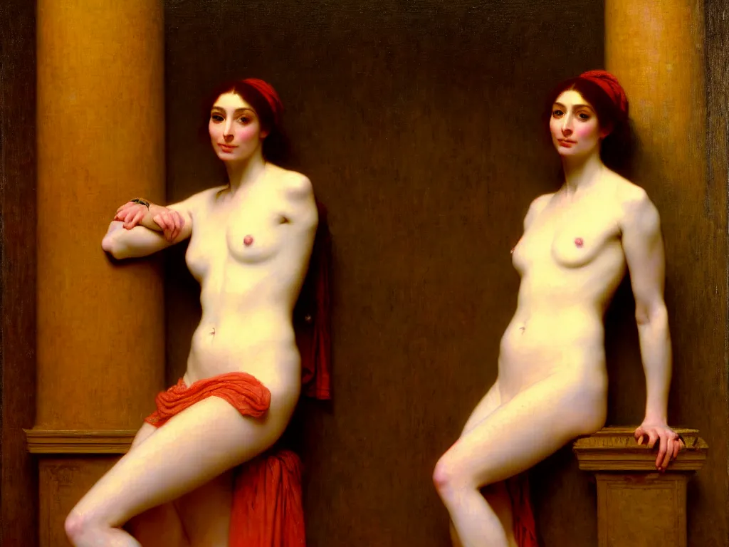 Image similar to portrait of felicia day in a turkish bath, painted by jean - leon gerome, by gustave moreau, by william - adolphe bouguereau. exquisite detail and color. volumetric lighting, soft lighting. 8 k resolution