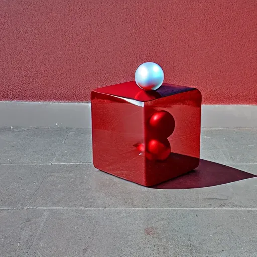 Prompt: chrome spheres on a red cube by peter palombi