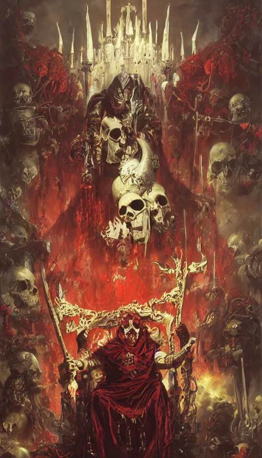 Prompt: Blood for the blood god, Skulls for the skull throne by Adrian Smith and Delphin Enjolras and Ilya Repin