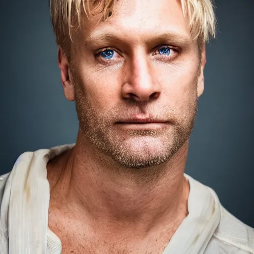 Image similar to close up of face of 4 0 year old anglo slavic blond man with blond stubble, very short wavy blond hair, very dark blue eyes, portrait, 4 k