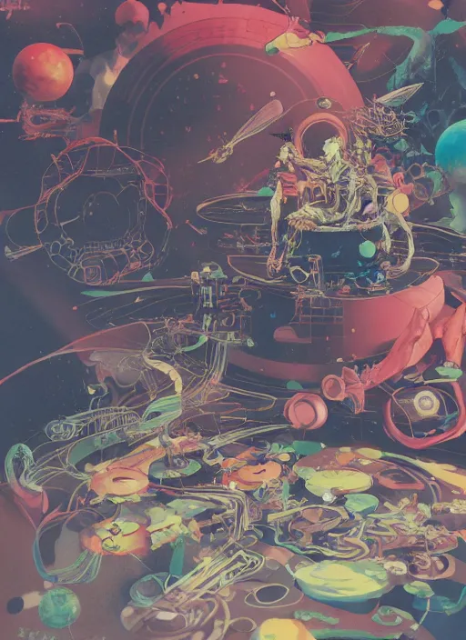 Prompt: surreal gouache painting, by yoshitaka amano, by ruan jia, by Conrad roset, by good smile company, detailed anime 3d render of a Magical flying Vinyl records , DJ Mixer, deck surrounded by Dragonfly,flying Vinyl records, controller, portrait, cgsociety, artstation, rococo mechanical and Digital and electronic, dieselpunk atmosphere