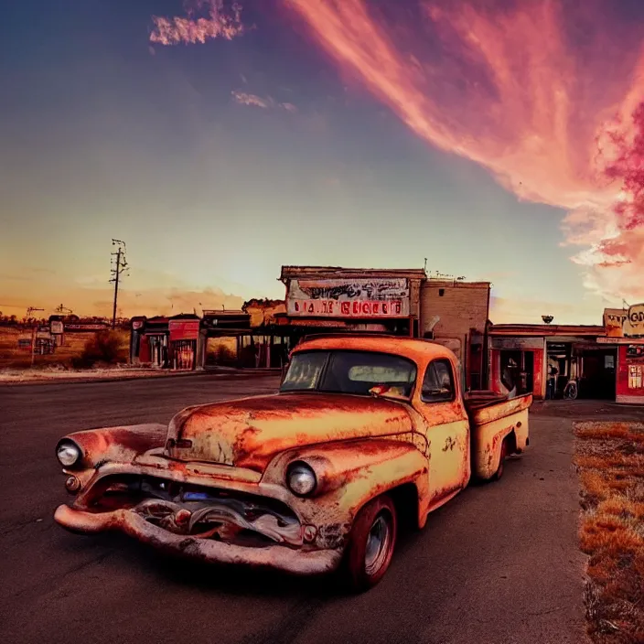 Image similar to a sunset light landscape with historical route 6 6, lots of sparkling details and sun ray ’ s, blinding backlight, smoke, volumetric lighting, colorful, octane, 3 5 mm, abandoned gas station, old rusty pickup - truck, beautiful epic colored reflections, very colorful heavenly, softlight