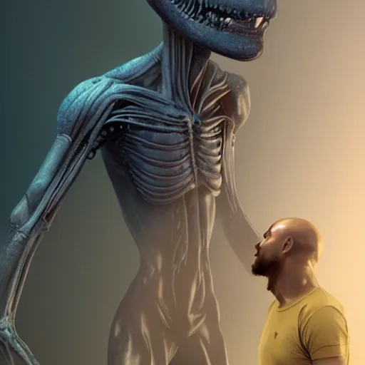 Prompt: An alien stands over a human, you can see a glowing stream of consciousness flowing between them, trending on artstation, hyper realistic