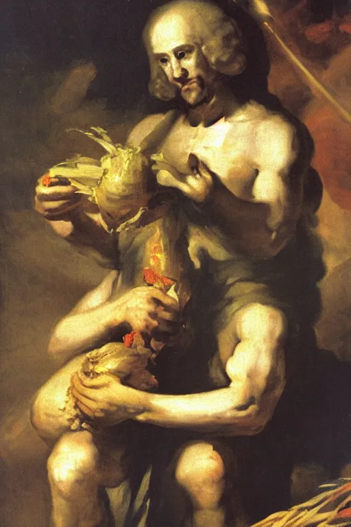 Image similar to francisco goya painting of an evil jesus christ holding corncopia with blood pouring, ominous, unsettling, visible paint strokes, hd image, visible paint texture