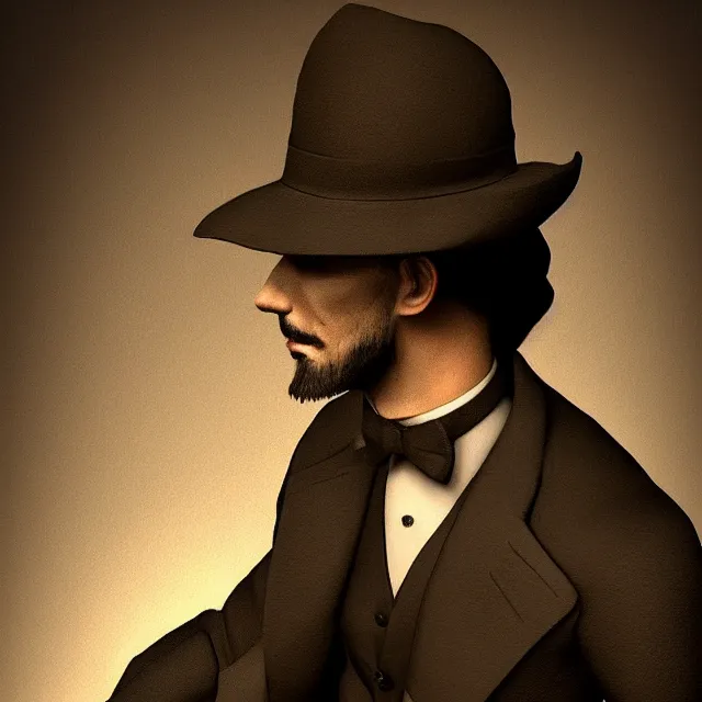 Image similar to photorealistic sepia full - head portrait of a 1 9 2 0 s era smirking male occultist, well dressed, long - tailed tuxedo coat, atmospheric lighting, dark, brooding, painted, intricate by thierry doizon, ultra detailed, well composed, best on artstation, cgsociety, epic, stunning, gorgeous, intricate detail, much wow, masterpiece