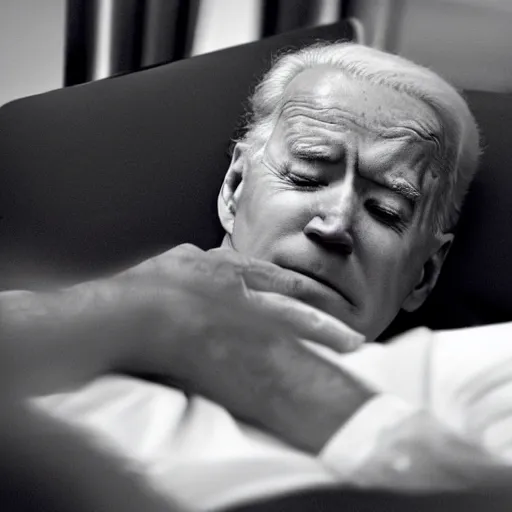 Image similar to a close up of Joe Biden sleeping in a bed in a court room