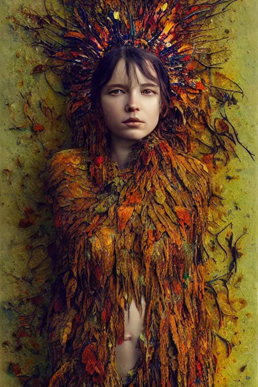 Prompt: full body shot portrait of beautiful girl by irakli nadar with intricate detailed color smashing fluid oil paint and acrylic, dried moss and dried autumn leaves headdress, melting wax, mycelia, abstract impressionism, ruan jia, fantasy, hyper detailed, concept art, by gustav klimt,