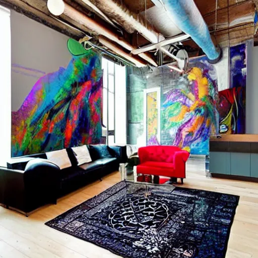 Image similar to trendy loft with modern murals on the wall, trendy modern art and patterns, interior design, stunning architecture