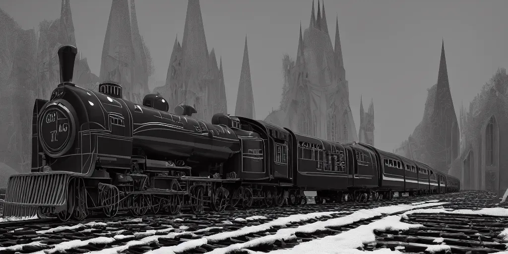 Prompt: gothic cathedral streamline retro art Deco train, gothic design train, dark metal, cone shaped, arrow shaped, snow, octane render, artstation, HD, realistic, medieval, high details