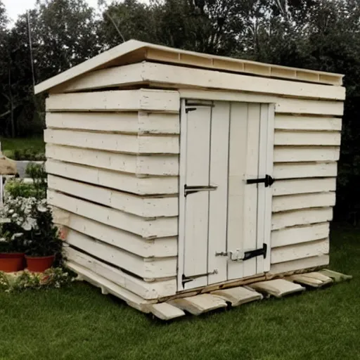 Image similar to man in a white dress builds a wooden shed out of pallets