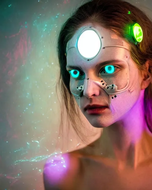 Prompt: portrait photo of dreamy female as a solarpunk cyborg with fluorescent lamps over face, robotic body parts around neck, real human face with skin, ultra - realistic and detailed, long exposure, soft focus hdr 8 k