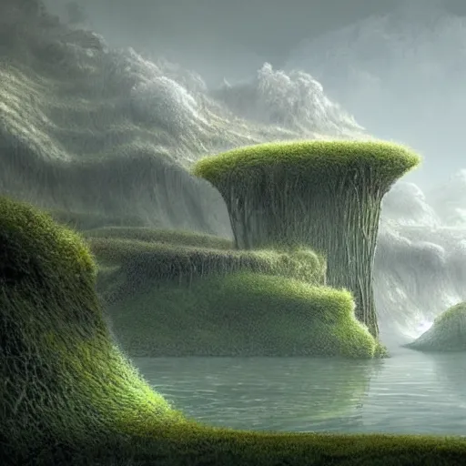 Prompt: digital art of a lush natural scene on an alien planet by michal klimczak ( shume ). extremely detailed. science fiction. beautiful landscape. weird vegetation. cliffs and water.