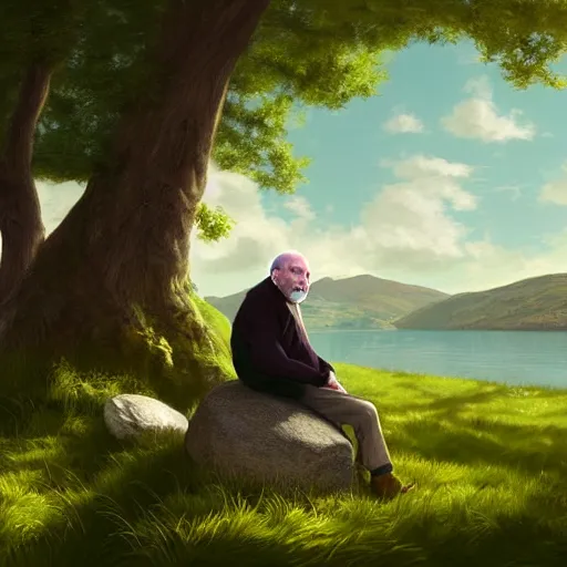 Image similar to portrait of an old irish man sitting on a stone in a grove in ireland next to a lake, highly detailed, digital painting, concept art, sharp focus, by makoto shinkai