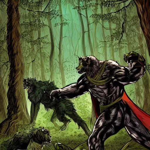 Prompt: doctor doom fighting werewolves in dark forest, digital art, detailed, arian, mark, medieval