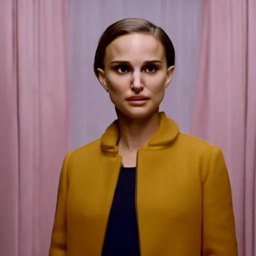 Image similar to Portrait of Natalie Portman in a Wes Anderson movie, 4k cinematic quality, bluray image