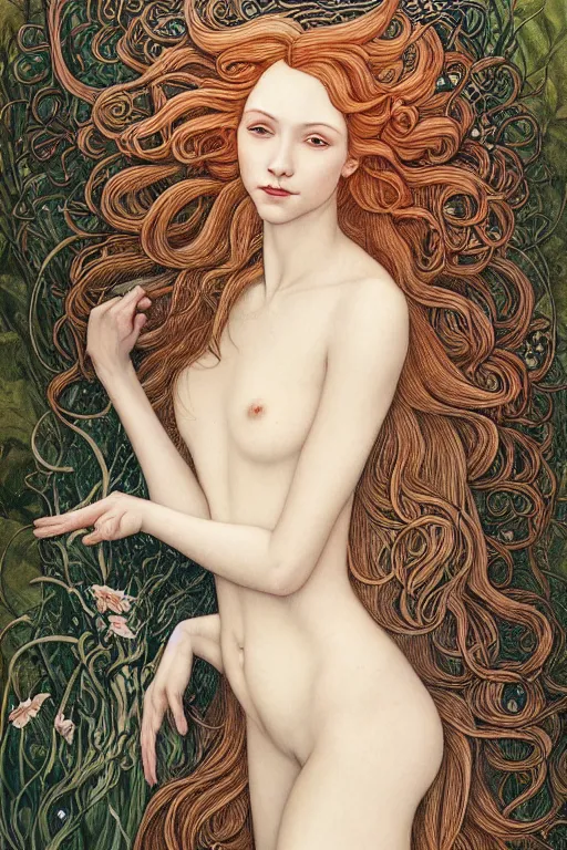 Prompt: portrait of a cottagecore young female wizard in flowing sensual dress, arrogant, long fine flowing hair, delicate, looking at camera, slight nerdy awkward smile, realistic face, stylish, elegant, grimdark fantasy, flowers, extremely detailed painting inspired by Gerald Brom and Ernst Haeckel and Sandro Botticelli, studio lighting