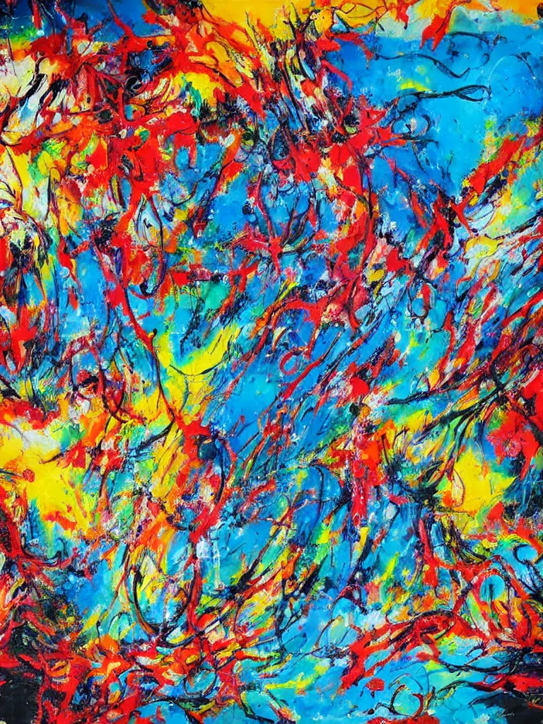 Prompt: abstract oil on canvas vibrant colors painting, wild large thick strokes, big drips and splatters, detailed, realistic, pollock