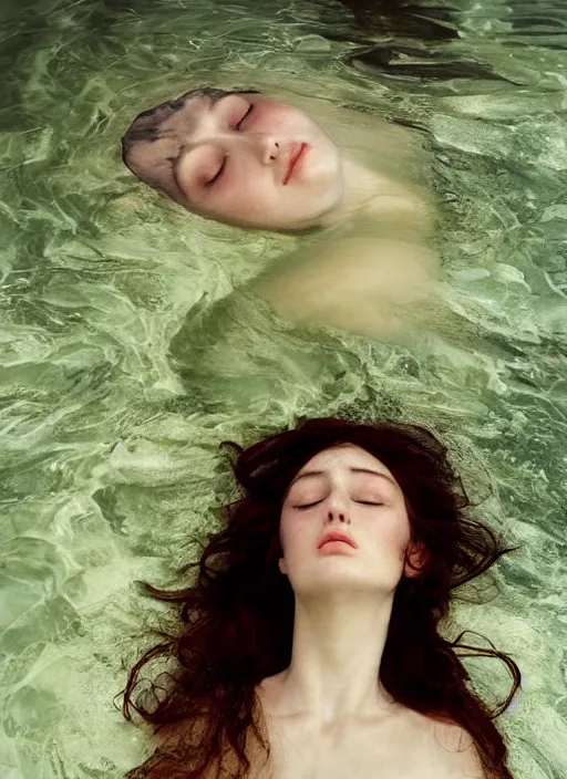 Prompt: Kodak Portra 400, 8K, soft light, volumetric lighting, highly detailed, britt marling style 3/4 , portrait photography portrait photography of a beautiful woman how pre-Raphaelites by Giovanni Gastel, photo portrait of a beautiful woman with her eyes closed,inspired by Ophelia Millais Paint , the face emerges from water of Pamukkale, underwater face, anatomical real full body dressed ethereal lace dress floating in water surface , the hair are intricate with highly detailed realistic beautiful brunches and flowers like crown, Realistic, Refined, Highly Detailed, outdoor soft pastel lighting colors scheme, outdoor fine art photography, Hyper realistic, photo realistic