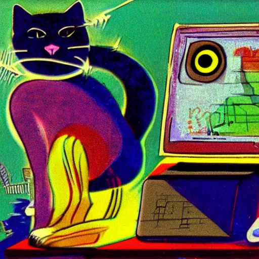 Image similar to computer monitor with a cat stuck inside, surreal, colorful, Ralph Bakshi