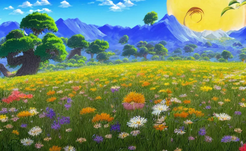 Image similar to fantastic anime sunny meadow with flowers, lone old Oak in the middle plane and mountains on the background, by Hayao Miyazaki, Nausicaa, studio Ghibli style, Anime wallpaper, stunning