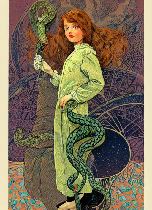 Prompt: an art nouveau copic maker illustration of a russian young girl holding a snake by kilian eng, monet and norman rockwell