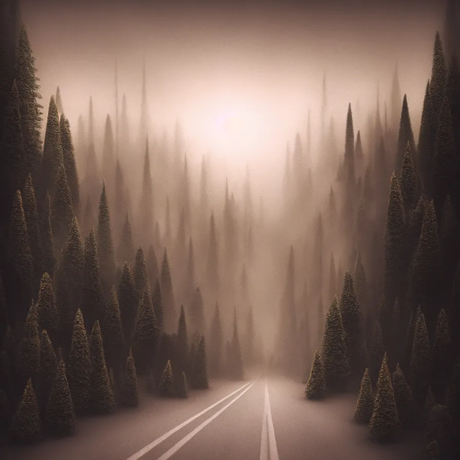 Prompt: symbolist atmospheric ink artwork of a road leading down the horizon through giant pine forests down a rocky mountain coast towards a majestic sunset. cloudy and foggy landscape, soft sepia tones, psychedelic, ultra realistic, concept art, modern art, photorealistic, octane render.