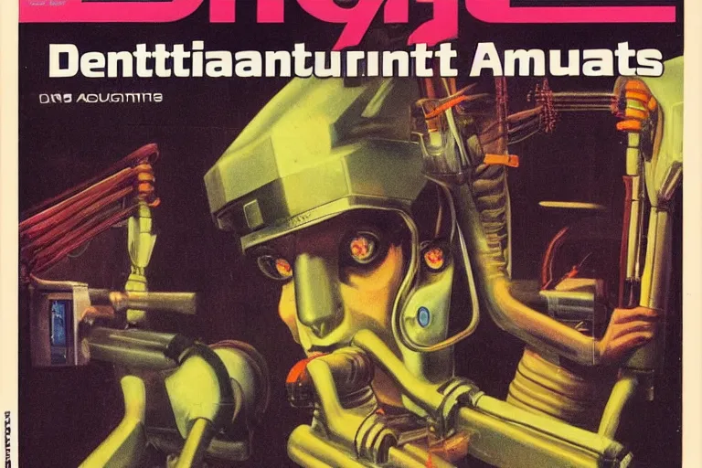 Image similar to 1979 OMNI Magazine Cover of a denture laboratory. in cyberpunk style by Vincent Di Fate