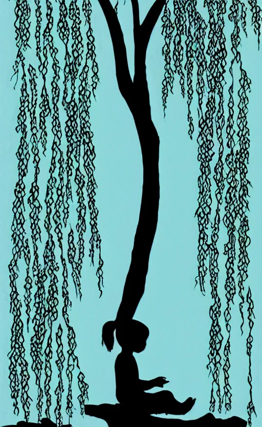 Image similar to silhouette of little girl sitting on a weeping willow tree, book cover