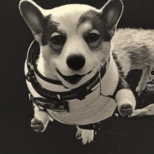 Prompt: a vintage photograph of a heroic corgi cosmonaut