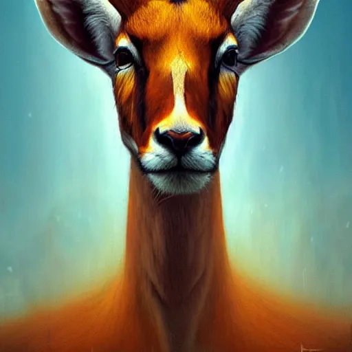 Image similar to a dramatic head portrait of a antelope in tiger skin, cinematic lighting, symmetric face by karol bak, christopher balaskas