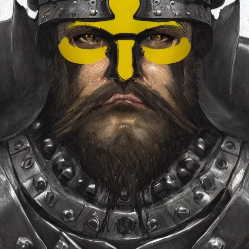 Image similar to Closeup of frustrated male medieval sergeant with a {short} beard wearing a {black!!!! and yellow tabard} over a steel breastplate and a black gambeson looking up from a map on a table, intricate, dramatic lighting illustration by Greg Rutkowski, {perfect face}, {perfect eyes}, ArtStation, digital art, fantasy