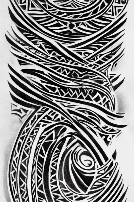 Image similar to a thin swirling tribal tattoo design on paper, black and white