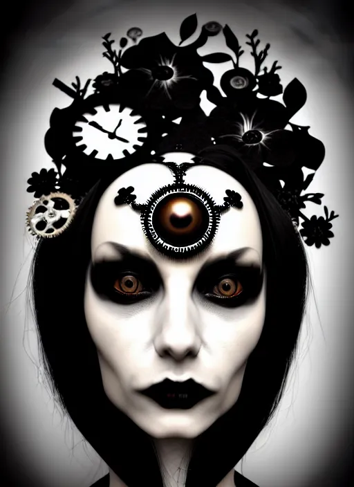 Image similar to black and white gothic masterpiece profile face portrait, one steampunk eye biomechanical beautiful young female cyborg - vampire, body meshes, big monocular, volumetric light, hibiscus flowers, by hg giger, rim light, big gothic fashion pearl embroidered collar, 8 k