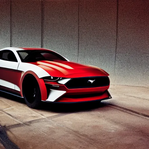 Image similar to photograph from Motor Trend magazine of the 2049 Ford Mustang concept car taken in the style of William Claxton