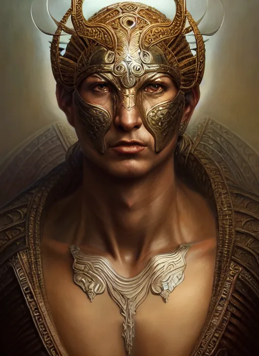 Image similar to portrait shot of an ancient warrior, intricate, elegant, highly detailed, centered, digital painting, artstation, concept art, smooth, sharp focus, illustration, artgerm, tomasz alen kopera, peter mohrbacher, donato giancola, joseph christian leyendecker, wlop, boris vallejo