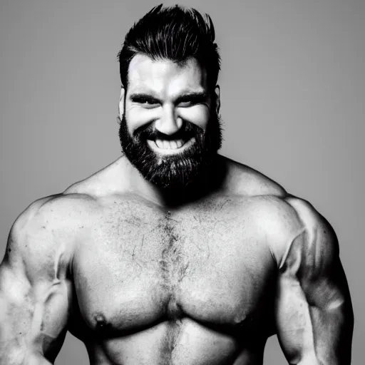 Prompt: Black and white photography of a very muscular shrek smiling with a chiseled jawline and trimmed beard