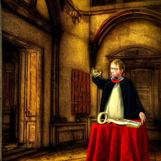 Prompt: Good morning, Worm your honor the crown will plainly show the prisoner who now stands before you was caught red-handed showing feelings showing feelings of an almost human nature this will not do call the schoolmaster, Realistic, HDR, Dynamic Lighting,