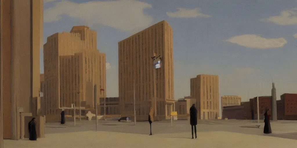 Prompt: lonely and sad urban landscape with a few people standing by edward hooper