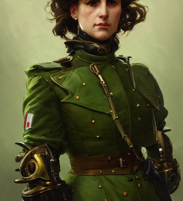 Image similar to portrait of an italian woman wearing a green traditional nineteenth century military jacket, metal shoulder pauldrons, intricate, highly detailed, digital painting, artstation, concept art, sharp focus, cinematic lighting, illustration, art by artgerm and greg rutkowski, alphonse mucha, cgsociety
